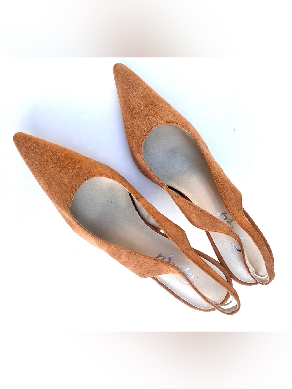 Spiegel Suede Pointed-Toe Slingback Heels in Camel Tan